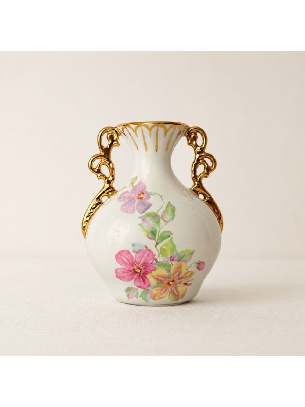Vintage Porcelain Floral Vase Gold Handles Elegant Romantic French Cottage Home